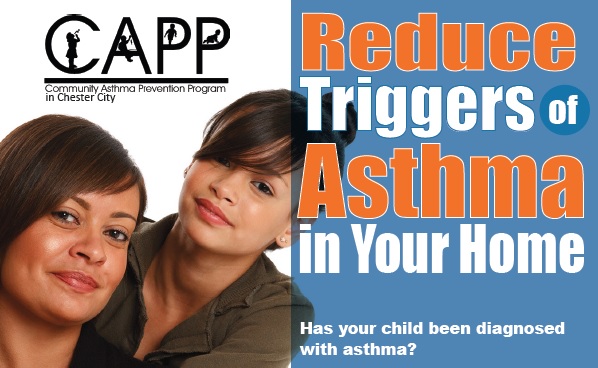 Photo of mother/child with text reduce triggers of asthma in your home